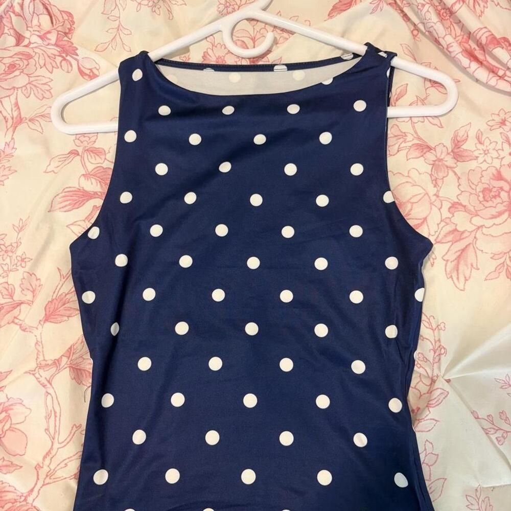 Navy White Polka Dot High Neck Sleeveless Tank Top